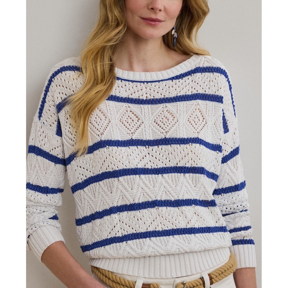 Lauren Ralph Lauren‎ Striped Pointelle Sweater Large Blue White Cotton Blend